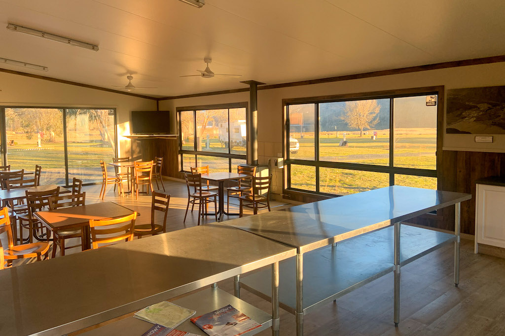 Enjoy breakfast in the pleasant clean, camp kitchen at Khancoban Lakeside Caravan Park