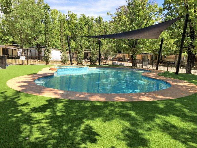 The shaded pool is heated for part of the year