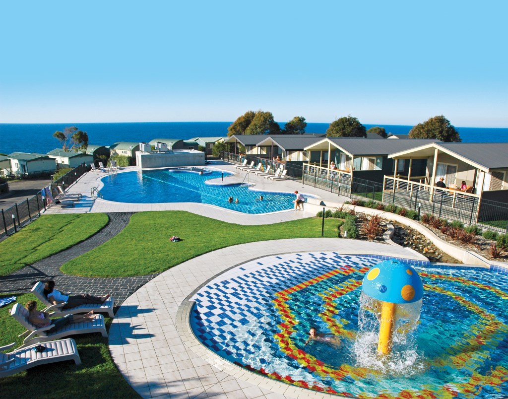Family-friendly villas facing the kids pool and water splash play area at Merimbula Beach Resort