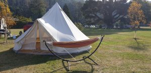 Glamping style camping at Myrtle Park Campground in Targa, Tasmania